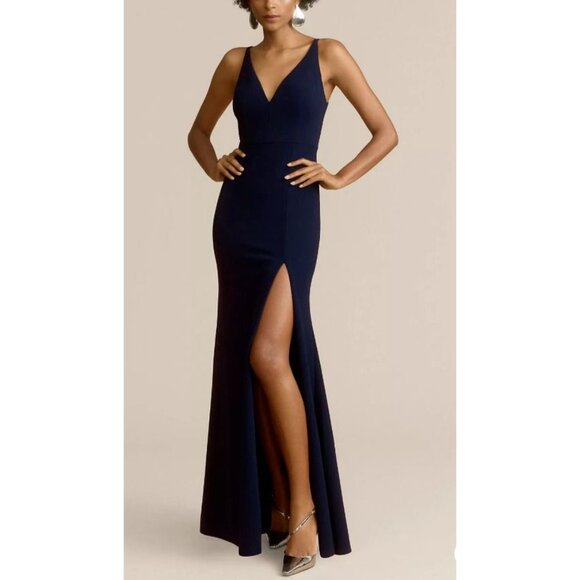 BHLDN Long Formal Dress 14 Navy Blue Stretch Wedding Cruise Party - Picture 1 of 14